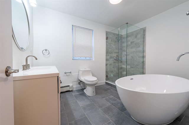 bathroom with vanity, walk in shower, toilet, and baseboard heating