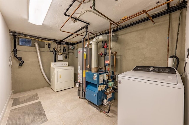 clothes washing area featuring water heater and independent washer and dryer