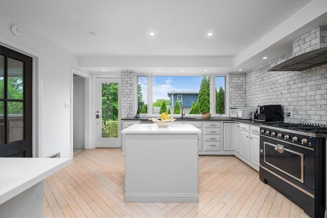 kitchen featuring sink, light wood-type flooring, white cabinets, high end black range oven, and backsplash