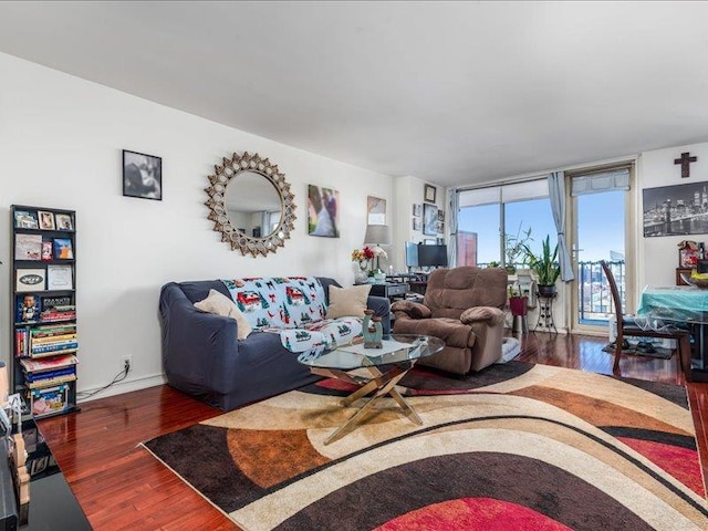 living room featuring dark wood-type flooring