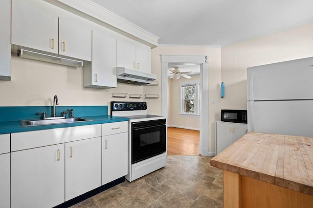 kitchen with sink, crown molding, ceiling fan, white cabinetry, and electric range oven