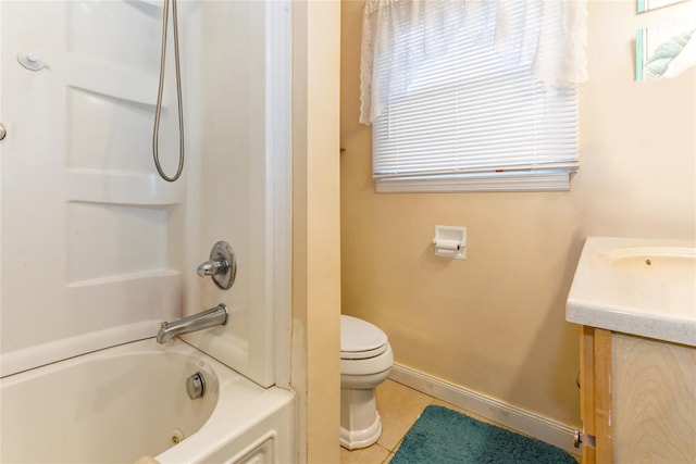 full bathroom with tile patterned floors, shower / washtub combination, toilet, and vanity