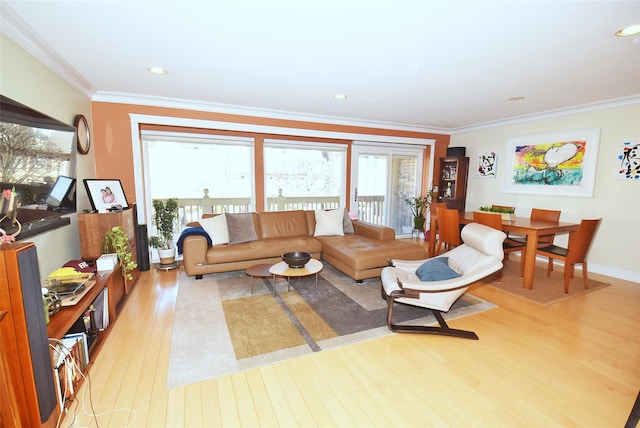 living room with crown molding and light wood-type flooring