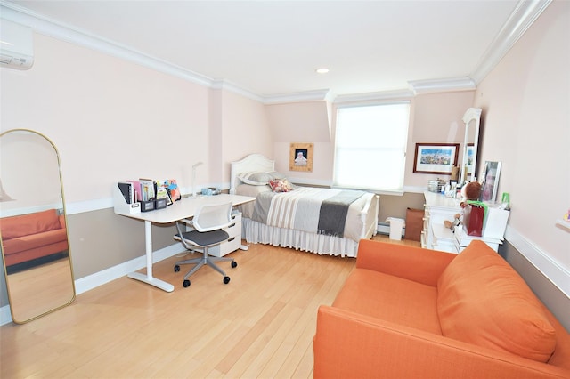 bedroom featuring hardwood / wood-style flooring, ornamental molding, and a wall mounted AC