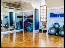 exercise room with hardwood / wood-style flooring and a wall unit AC