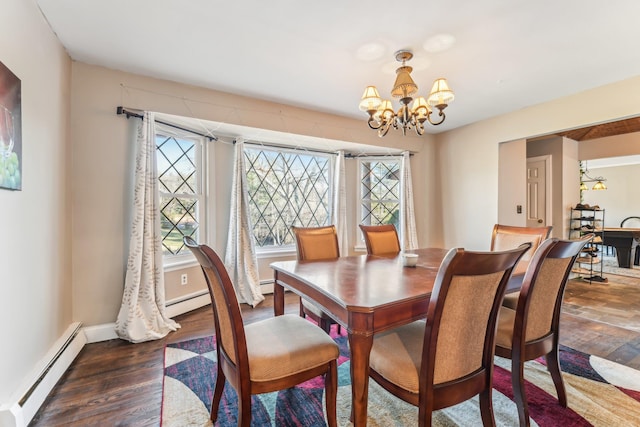 dining room featuring an inviting chandelier, dark hardwood / wood-style flooring, and a baseboard radiator