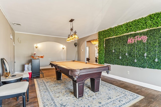 recreation room featuring crown molding, dark hardwood / wood-style floors, and billiards