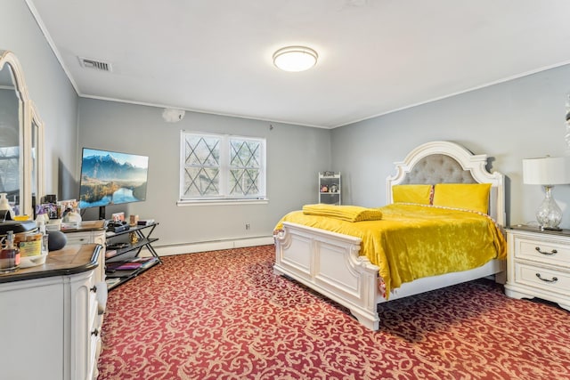 bedroom with crown molding, carpet floors, and baseboard heating