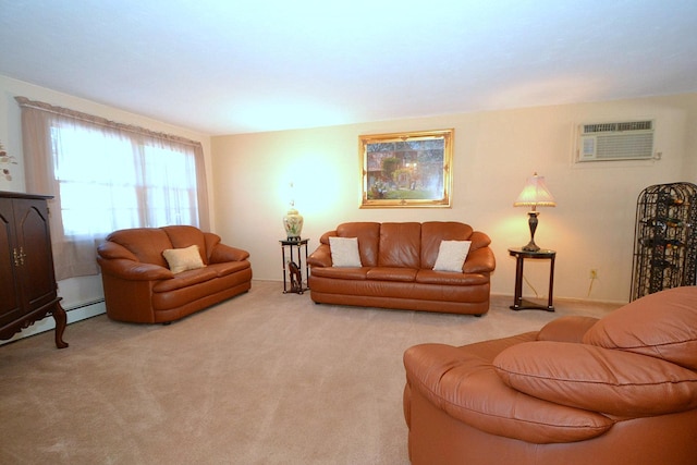 carpeted living room with a baseboard radiator and a wall unit AC