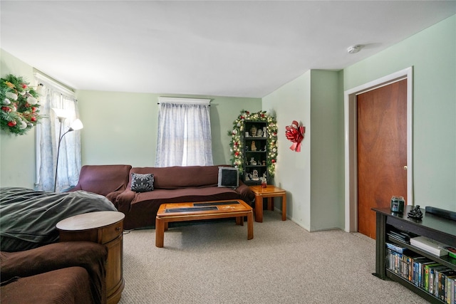 living room featuring light colored carpet