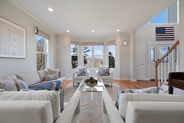 79 Victor Dr, Poughkeepsie, NY 12603 - living area featuring baseboards, crown molding, wood finished floors, and recessed lighting