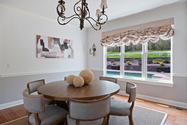 79 Victor Dr, Poughkeepsie, NY 12603 - dining room featuring wood finished floors, visible vents, ornamental molding, and an inviting chandelier