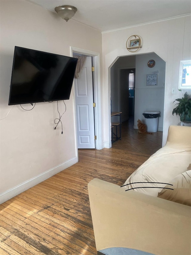 living room featuring ornamental molding and dark wood-type flooring