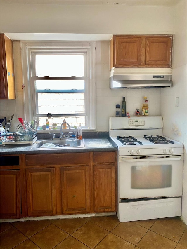 kitchen featuring white gas range, sink, decorative backsplash, and exhaust hood