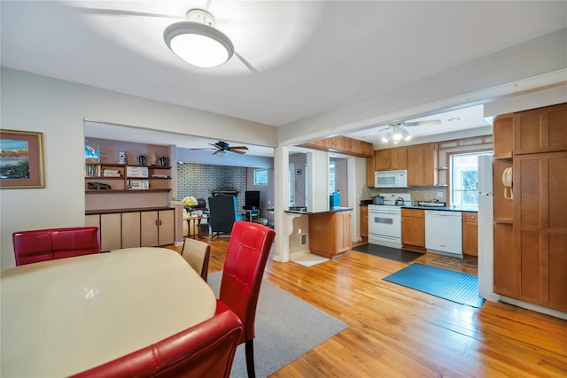 dining space with light hardwood / wood-style flooring and ceiling fan