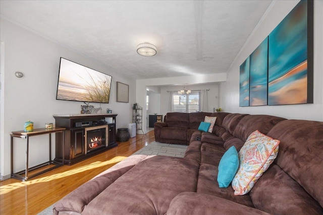 living room featuring a chandelier and light wood-type flooring