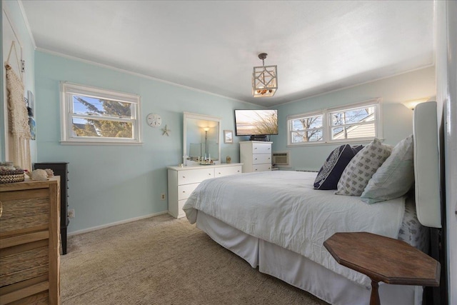 bedroom featuring a wall mounted air conditioner, light carpet, and crown molding