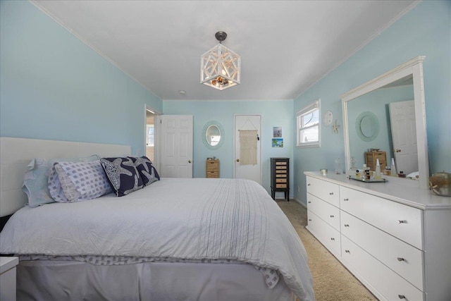 bedroom with light carpet