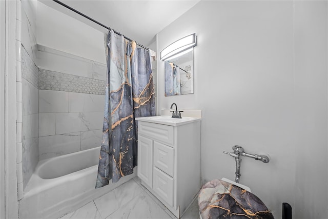 bathroom with shower / tub combo with curtain and vanity