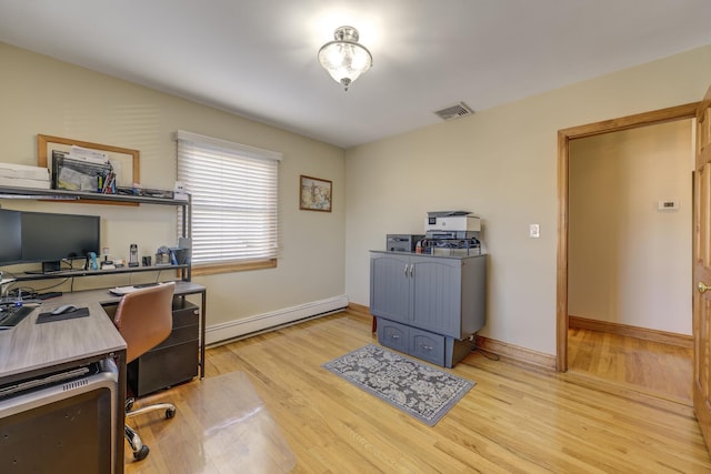 office with a baseboard radiator and light hardwood / wood-style flooring