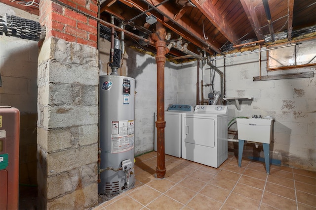 basement featuring sink, washer and clothes dryer, and water heater