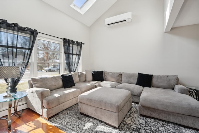 living room with hardwood / wood-style floors, a wall mounted air conditioner, high vaulted ceiling, a skylight, and a baseboard radiator