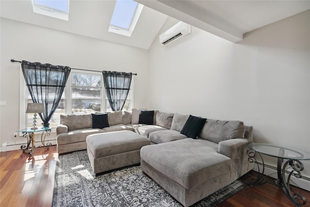 living room with baseboard heating, hardwood / wood-style floors, and an AC wall unit