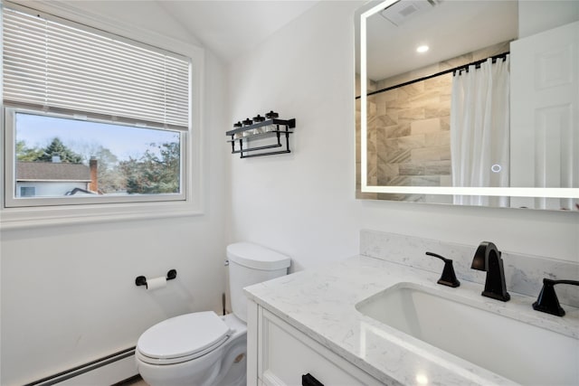 bathroom featuring lofted ceiling, toilet, a shower with curtain, vanity, and a baseboard heating unit