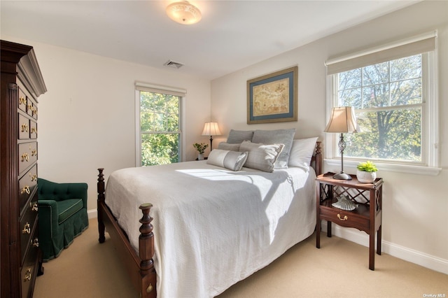 carpeted bedroom featuring multiple windows