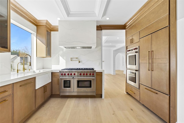 kitchen with sink, custom exhaust hood, light hardwood / wood-style flooring, ornamental molding, and stainless steel appliances