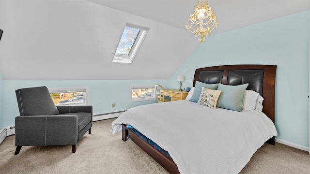 carpeted bedroom featuring vaulted ceiling and a baseboard heating unit