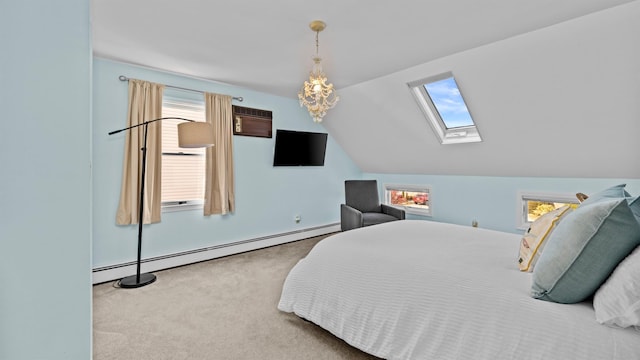 carpeted bedroom with a baseboard heating unit, lofted ceiling with skylight, and an AC wall unit