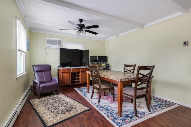 dining space featuring dark wood-style floors, beam ceiling, a wall mounted AC, a baseboard heating unit, and baseboards