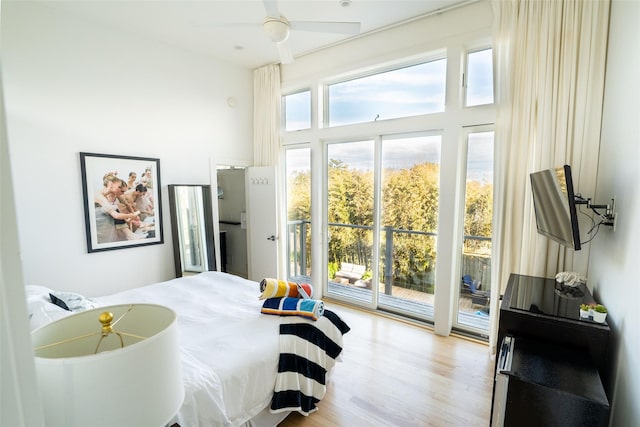 bedroom featuring light hardwood / wood-style flooring, access to outside, and ceiling fan