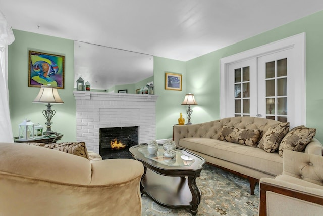 living room featuring a fireplace