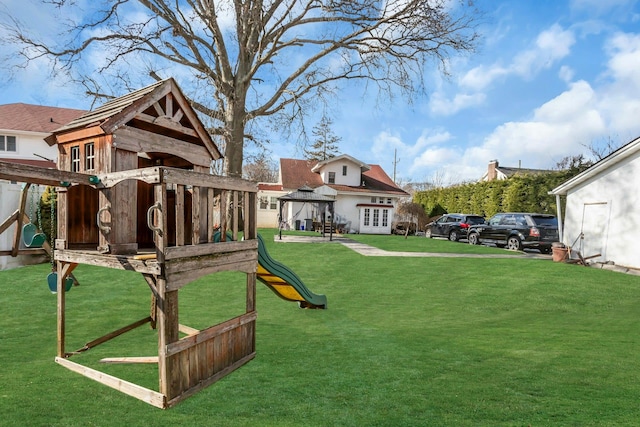 view of play area with a gazebo and a yard