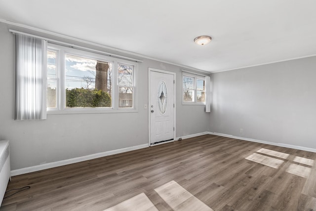 foyer featuring crown molding and wood-type flooring