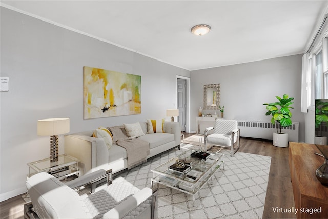 living room featuring hardwood / wood-style flooring and radiator heating unit