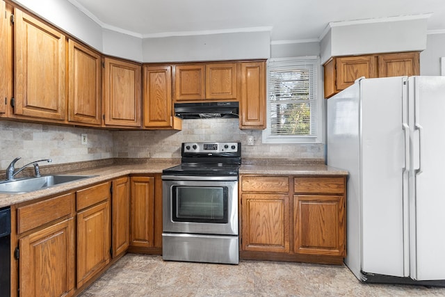 kitchen featuring tasteful backsplash, sink, stainless steel electric stove, and white refrigerator