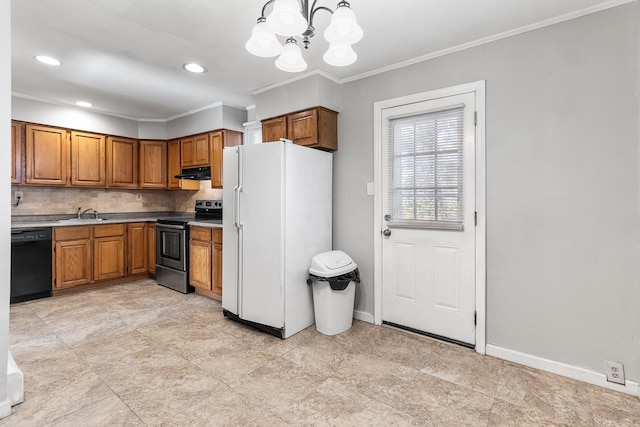 kitchen featuring stainless steel electric range, ornamental molding, black dishwasher, white fridge, and backsplash