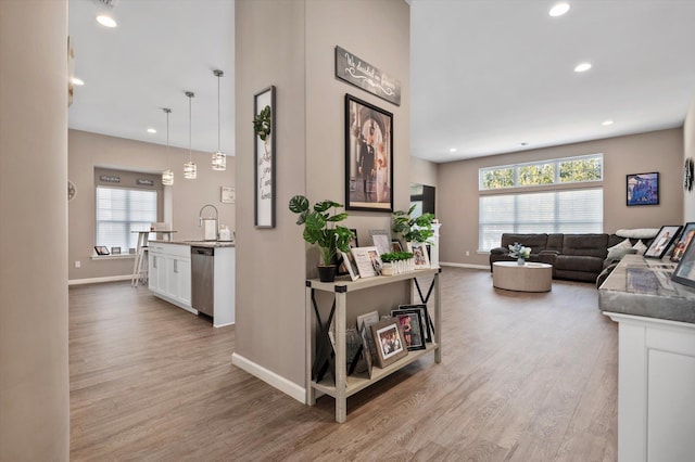 living room with sink, a wealth of natural light, and light wood-type flooring