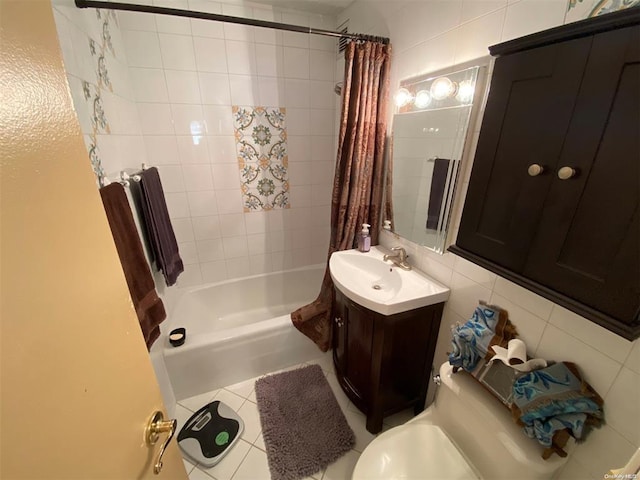 bathroom featuring tile walls, tile patterned flooring, vanity, tasteful backsplash, and shower / bath combo with shower curtain