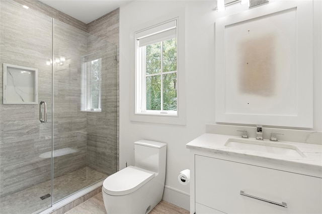 bathroom with vanity, toilet, and an enclosed shower