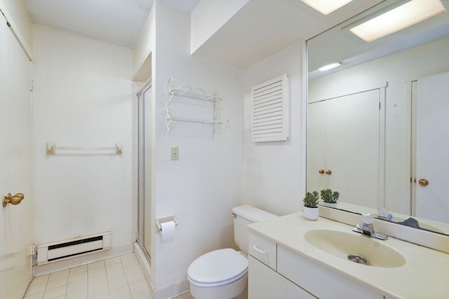 bathroom featuring a shower with door, baseboard heating, tile patterned flooring, vanity, and toilet