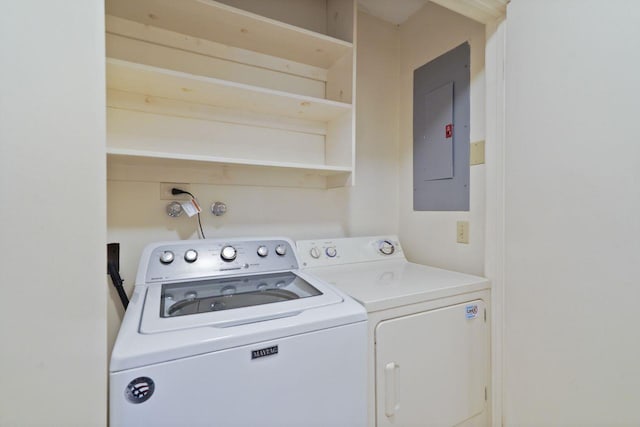 laundry room with electric panel and washer and clothes dryer