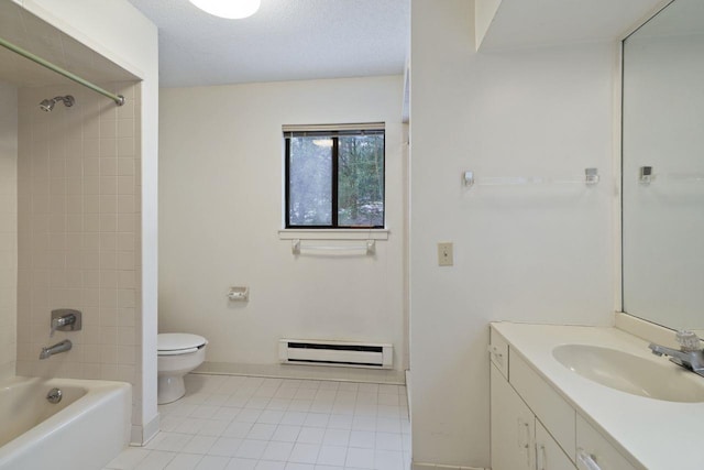 full bathroom featuring tiled shower / bath combo, vanity, a baseboard heating unit, toilet, and tile patterned floors