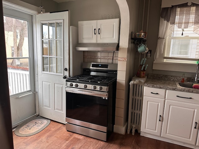 kitchen featuring gas stove, sink, a wealth of natural light, and white cabinets