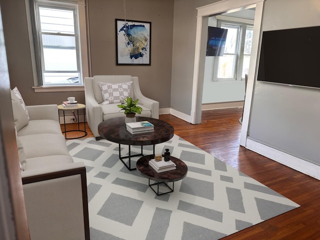 living area with baseboards, wood finished floors, and a healthy amount of sunlight