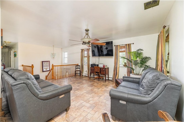 living room with ceiling fan