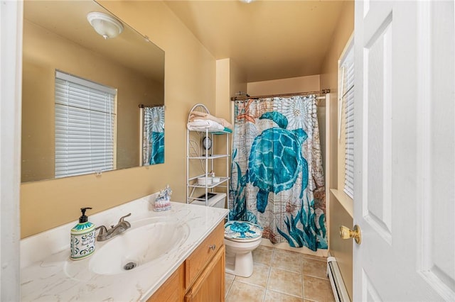 bathroom featuring vanity, baseboard heating, toilet, tile patterned floors, and a shower with shower curtain